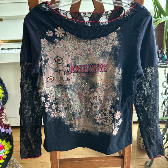 Elemente Clemente Black Y2K Embellished Floral Long Sleeve Tee Size Small - Picture 2 of 15